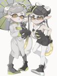  2girls :o black_dress black_gloves black_hair black_shoes blonde_hair bow-shaped_hair callie_(alterna)_(splatoon) callie_(splatoon) closed_mouth commentary_request cousins dress food food_on_head gloves gradient_hair grey_pantyhose hand_on_own_hip highres holding holding_umbrella inkling k_as_u long_hair looking_at_viewer marie_(alterna)_(splatoon) marie_(splatoon) multicolored_hair multiple_girls object_on_head open_mouth pantyhose shoes short_dress short_eyebrows simple_background smile splatoon_(series) splatoon_3 sushi thick_eyebrows two-tone_hair umbrella very_long_hair white_background white_pantyhose 