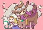  2boys absurdres beanie beard belt belt_buckle blonde_hair blue_pants blue_sleeves bridal_gauntlets brown_hat brown_pants buckle cape chibi chibi_only closed_eyes english_commentary facial_hair goggles goggles_on_headwear green_eyes grey_belt grey_hair gyro_zeppeli hand_on_another's_head hat heart heart_ornament highres hood hood_down hoodie horse horseshoe_hat_ornament horseshoe_ornament johnny_joestar jojo_no_kimyou_na_bouken kneeling m_a_a_m_8 medium_hair multiple_boys pants purple_bridal_gauntlets purple_mask purple_shirt redrawn reins shirt slow_dancer_(jojo) smile spurs standing star_(symbol) star_print steel_ball_run surprised two-tone_sleeves valkyrie valkyrie_(jojo) white_hat white_hoodie white_sleeves wristband yellow_cape 