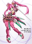  bodysuit fei-yen glowing green_eyes heart highres karukan_(monjya) mecha_musume personification pink_bodysuit pink_hair skin_tight solo sword twintails virtual_on weapon 