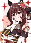  1girl absurdres aniani_ai animal_ears bare_shoulders blush braid braided_hair_rings breasts brown_hair closed_mouth collarbone commentary_request detached_sleeves dress ear_covers ear_ornament gentildonna_(regina_dei_fiori)_(umamusume) gentildonna_(umamusume) gloves hair_between_eyes hair_ornament hair_rings hand_on_own_cheek hand_on_own_elbow hand_on_own_face heart-shaped_ornament heart_ear_ornament highres horse_ears horse_girl long_hair looking_at_viewer red_eyes see-through_cleavage see-through_clothes smile solo sparkle umamusume upper_body white_gloves 