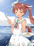  :d ^_^ brown_hair closed_eyes commentary_request dress food fork hair_ribbon hat kantai_collection libeccio_(kantai_collection) long_hair open_mouth pasta ribbon sailor_dress sedona smile solo twintails 