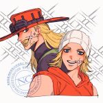  blonde_hair blue_eyes blue_lips commentary_request gold_teeth gyro_zeppeli hat johnny_joestar jojo_no_kimyou_na_bouken long_hair looking_at_viewer mooon_l31 open_mouth purple_lips purple_shirt red_hat red_shirt shirt smile sparkle steel_ball_run teeth upper_teeth_only 