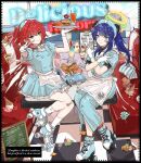  2girls absurdres alternate_costume apron arknights bandaid bandaid_on_face black_shirt blue_eyes blue_hair blue_jacket blue_shoes blue_skirt booth_seating burger commentary_request dal-gi demon_horns drink english_text exusiai_(arknights) food french_fries frilled_skirt frills full_body gloves halo highres holding holding_tray horns ice_cream ice_cream_cone ice_cream_cone_spill jacket korean_commentary long_skirt looking_at_viewer mayonnaise_bottle menu mostima_(arknights) multiple_girls neon_lights parfait pizza pizza_slice puffy_short_sleeves puffy_sleeves red_hair roller_skates sandwich_board shirt shoes short_hair short_sleeves side_ponytail skates skirt smile socks table tablecloth tray undershirt waist_apron white_apron white_gloves white_socks yellow_eyes 
