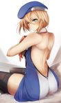  ass backless_outfit bad_id bad_pixiv_id bare_back bare_shoulders black_legwear blazblue blonde_hair blush from_behind green_eyes hair_between_eyes hat highres inaba_sunimi looking_at_viewer noel_vermillion parted_lips short_hair sitting solo thighhighs zettai_ryouiki 