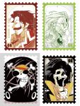  3boys afro ascot beard brook_(one_piece) collared_shirt commentary facial_hair glasses gol_d._roger hair_slicked_back jolly_roger kithwith_(kith_0121) laboon long_hair multiple_boys mustache one_piece open_mouth orange_shirt postage_stamp scar scar_across_eye scar_on_face shirt silvers_rayleigh skeleton smile straw_hats_jolly_roger whale 