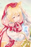  animal_ears bangs basket blonde_hair bow butterfly_on_hand cloak eyelashes green_bow hair_between_eyes hand_on_own_head hood hooded_cloak kaze-hime little_red_riding_hood little_red_riding_hood_(grimm) long_sleeves parted_lips red_bow red_eyes red_hood short_hair slit_pupils solo tail upper_body 