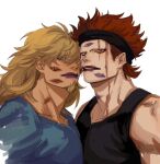  2boys black_tank_top blonde_hair blue_shirt collarbone commentary_request denisefanta eustass_kid facial_hair goatee highres killer_(one_piece) lipstick_mark lipstick_mark_on_face male_focus mature_male messy_hair multiple_boys one_piece purple_lips red_eyes red_lips scar scar_on_face shirt short_hair simple_background tank_top thick_neck white_background yaoi 