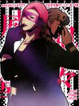  back-to-back blonde_hair braid finger_in_mouth giorno_giovanna gloves hisohiso_(altoblue) jojo_no_kimyou_na_bouken lipstick long_hair makeup male_focus mask melone multiple_boys outline pink_hair pink_lipstick purple_gloves shadow tongue tongue_out 