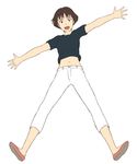  brown_eyes brown_hair full_body gake_no_ue_no_ponyo jas lisa_(ponyo) looking_at_viewer midriff navel open_mouth outstretched_arms pants shirt shoes short_hair smile solo studio_ghibli white_background 