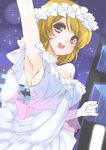  :d arm_up armpits bangs breasts brown_hair choker dress earrings frapowa gloves head_wreath jewelry koizumi_hanayo love_live! love_live!_school_idol_project medium_breasts open_mouth purple_eyes smile solo sparkle swept_bangs white_dress white_gloves yume_no_tobira 