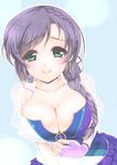  blush braid breasts cleavage earrings fingerless_gloves frapowa gloves green_eyes hair_over_shoulder jewelry large_breasts long_hair looking_at_viewer love_live! love_live!_school_idol_project purple_hair smile solo toujou_nozomi 