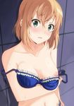  blonde_hair blue_bra blue_panties blush bra bra_pull breasts commentary_request frilled_bra frilled_panties frills green_eyes highres looking_at_viewer marimotencho miyamori_aoi nipples open_mouth panties revision shirobako short_hair small_breasts solo sweat underwear underwear_only undressing 