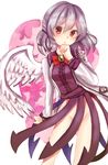  absurdres bow bowtie chin_rest clenched_hand cowboy_shot dress hand_on_own_chin highres kishin_sagume long_sleeves looking_at_viewer minomushi_(mino_kkgt) no_panties open_mouth purple_dress purple_skirt red_eyes shirt short_hair silver_hair simple_background single_wing skirt solo touhou white_background white_hair wings 