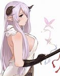  black_gloves blush breasts bug butterfly demon_horns draph fingerless_gloves from_side gloves granblue_fantasy hair_over_one_eye horns insect katana large_breasts long_hair looking_at_viewer narmaya_(granblue_fantasy) pointy_ears purple_eyes purple_hair shibasaki_shouji sideboob sidelocks simple_background solo sword weapon white_background 