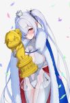  1girl absurdres bodysuit breasts cinderella_(nikke) clothing_cutout confetti crown doro_(nikke) fur_trim goddess_of_victory:_nikke hair_over_one_eye highres holding holding_trophy large_breasts leg_cutout long_hair looking_at_viewer red_eyes see-through_clothes see-through_skirt simple_background skirt smbozz smile stomach_cutout thick_thighs thighs trophy twintails white_background white_bodysuit white_hair 