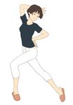  brown_hair closed_eyes full_body gake_no_ue_no_ponyo hand_behind_head hand_on_hip jas lisa_(ponyo) pants pose shirt shoes short_hair slippers solo studio_ghibli 