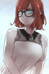  alternate_hair_length alternate_hairstyle android_21 black-framed_eyewear blouse blue_eyes brown_hair commentary dragon_ball dragon_ball_fighterz glasses looking_at_viewer short_hair sleeveless_blouse solo st62svnexilf2p9 upper_body 