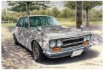  artist_name border car colored_pencil_(medium) commentary_request dated datsun datsun_510 day english_text license_plate motor_vehicle no_humans original outdoors shadow shin_iroenpitsu signature traditional_media tree tree_shade vehicle_focus white_border 