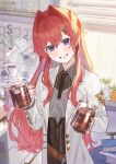  1girl absurdres ange_katrina ange_katrina_(lab_coat) beaker belt black_necktie black_skirt blush brown_belt coat coffee coffee_maker collared_shirt commentary_request crossed_bangs cup flask grey_shirt grin hair_between_eyes hair_intakes hair_ornament hands_up head_tilt high-waist_skirt highres holding holding_beaker holding_cup indoors kitchen lab_coat lapels long_hair long_sidelocks long_sleeves looking_at_viewer mandragora_(ange_katrina) morning mug necktie nijisanji nishinodashi notched_lapels open_clothes open_coat purple_eyes red_hair round-bottom_flask shirt shirt_tucked_in sidelocks skirt smile solo_focus square-end_necktie upper_body very_long_hair virtual_youtuber white_coat window 