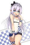  blue_eyes blush checkered choker collarbone elsword hairband highres linez long_hair luciela_r._sourcream panties pointy_ears race_queen silver_hair simple_background solo underwear white_background white_panties 