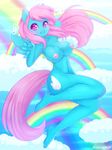  2015 anthro areola big_breasts blue_feathers blue_skin blush breasts cloud cutie_mark equine fan_character feathers female hair hi_res hindpaw horse long_hair looking_at_viewer mammal my_little_pony navel nipples nude pastelletta paws pegasus pink_eyes pink_nipples pony rainbow smile solo thick_thighs wings 