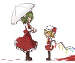  ascot blonde_hair blood blood_splatter eye_contact flandre_scarlet green_hair hat kazami_yuuka kumo_(atm) long_sleeves looking_at_another mob_cap multiple_girls open_clothes open_vest parasol puffy_short_sleeves puffy_sleeves red_eyes shirt short_hair short_sleeves simple_background skirt touhou umbrella vest white_background wings 