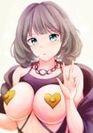  absurdres breastless_clothes breasts brown_hair covered_nipples green_eyes heart_pasties highres idolmaster idolmaster_cinderella_girls jewelry large_breasts looking_at_viewer mole mole_under_eye necklace pasties revision short_hair solo takagaki_kaede v yeyebirdie 