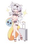  1girl absurdres ball beachball bikini black_bikini black_hairband black_survival blue_eyes bow eternal_return:_black_survival frilled_bikini frills full_body hair_bow hair_over_one_eye hairband highres holding holding_ball holding_beachball innertube leg_ribbon looking_at_viewer low_twintails navel ribbon rolling_suitcase sandals shirousagi_(user_erwx7425) simple_background sissela_(black_survival) solo sparkle suitcase swim_ring swimsuit thigh_strap twintails white_background 