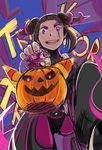  bad_id bad_pixiv_id black_hair commentary drill_hair from_above glowing glowing_eye halloween halter_top halterneck han_juri highres jack-o'-lantern nail_polish purple_eyes sketch solo stalkeralker street_fighter trick_or_treat twin_drills 
