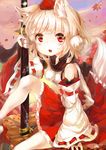  animal_ears autumn_leaves bare_shoulders bridal_gauntlets cloud cloudy_sky detached_sleeves geta hat hat_ribbon inubashiri_momiji katana long_sleeves looking_at_viewer md5_mismatch open_mouth pom_pom_(clothes) red_eyes ribbon ribbon-trimmed_sleeves ribbon_trim scarf shirt short_hair silver_hair skirt sky solo sword tail tokin_hat touhou umagenzin weapon wide_sleeves wolf_ears wolf_tail 