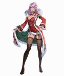 1girl artist_request belt black_boots blue_eyes boots breasts brown_belt brown_ribbon christmas cleavage coat commentary_request dress english_commentary fishnet_thighhighs fishnets flower frills full_body fur-trimmed_coat fur-trimmed_dress fur_trim garter_straps gem green_coat green_gem high-waist_belt highres holding_own_dress king's_raid korean_commentary large_breasts long_hair long_sleeves mixed-language_commentary neck_ribbon nicky_(king's_raid) official_alternate_costume official_art pink_hair red_coat red_dress red_flower ribbon second-party_source short_dress simple_background solo star_(symbol) striped_ribbon thigh_boots thighhighs two-sided_coat two-sided_fabric white_background 