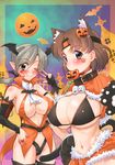  animal_ears bikini black_bikini blush breasts brown_eyes brown_hair candy capelet cat_ears cat_tail chitose_(kantai_collection) chiyoda_(kantai_collection) cleavage collar covered_nipples fang fang_out fingerless_gloves food gloves grey_eyes grey_hair halloween halloween_costume hand_on_hip head_wings headband jack-o'-lantern kantai_collection large_breasts lollipop long_hair looking_at_viewer mouth_hold multiple_girls navel one_eye_closed paw_gloves paw_print paws ponytail shimamoto_harumi short_hair single_glove smile swimsuit tail thighhighs v 