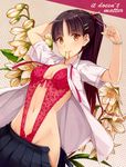  adjusting_hair black_hair blush bracelet breasts brown_hair cleavage dress_shirt dressing english flower hair_ornament hairclip highres jewelry lingerie long_hair looking_at_viewer mouth_hold open_clothes open_shirt open_skirt original ponytail revision rubber_band school_uniform shirt skirt small_breasts smile solo teddy underwear uniform yokaze_japan 