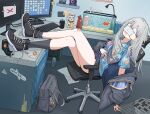  1girl bag bandaid bandaid_on_knee bandaid_on_leg black_shoes black_socks blue_archive blue_necktie blue_shirt can chair computer computer_keyboard crossed_legs desk drink_can drooling dumbbell fish fish_tank floral_print_shirt goldfish grey_hair grey_jacket hair_between_eyes halo hawaiian_shirt highres holding holding_pencil indoors jacket konoka_(blue_archive) long_hair maneki-neko mask monitor mouth_mask necktie newspaper office office_chair on_chair open_clothes open_mouth pencil shirt shoes sitting skirt sleeping socks soda_can solo swivel_chair tinkie untied_shoelaces white_mask 