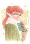  1girl autumn_leaves bare_tree black_gloves blunt_bangs book brown_hair brown_jacket cloak closed_mouth colored_pencil_(medium) commentary_request earrings elf falling_leaves from_side fur-trimmed_cloak fur-trimmed_gloves fur_trim gloves green_cloak green_eyes hand_up highres holding holding_book jacket jewelry leaf long_hair looking_at_viewer looking_to_the_side original outdoors pointy_ears ponytail red-framed_eyewear semi-rimless_eyewear shin_iroenpitsu smile solo stud_earrings traditional_media tree upper_body 