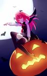  bat black_dress black_legwear demon_girl demon_wings dress full_moon halloween head_wings highres jack-o'-lantern juliet_sleeves koakuma long_hair long_sleeves looking_at_viewer meng_xiao_jiong moon necktie night puffy_sleeves red_eyes red_hair sitting skirt sky smile solo thighhighs touhou very_long_hair wings zettai_ryouiki 