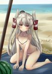  :&lt; amatsukaze_(kantai_collection) bikini blush breasts collarbone covered_nipples food fruit hair_tubes highres kantai_collection linez long_hair looking_at_viewer nipples see-through side-tie_bikini silver_hair simple_background sitting small_breasts solo swimsuit wariza watermelon white_bikini yellow_eyes 