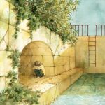  1boy artist_name black_hair black_shoes blue_pants canal commentary_request crossed_arms day highres knees_up ladder lonely male_focus onoda_ema original outdoors painting_(medium) pants plant railing shirt shoes short_hair sitting solo traditional_media tunnel vines watercolor_(medium) white_shirt 