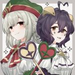  2girls ahoge alternate_costume alternate_universe araga_kiwi black_hair blonde_hair double_bun elbow_gloves forward-facing_horns gem gloves green_gloves hair_bun hat heart heart_ahoge highres hiiragi_utena holding holding_wand horns huge_ahoge looking_at_viewer magical_girl mahou_shoujo_ni_akogarete mole mole_under_eye multiple_girls open_mouth purple_gloves red_eyes shirt skyy459897 star-shaped_gem wand white_shirt yellow_eyes yellow_gem 