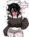  1girl bare_shoulders black_hair blush body_blush cropped_sweater ear_blush english_text fishnets heart-shaped_lock highres long_sleeves messy_hair mistysnugglebug navel open_mouth original pointy_ears shorts simple_background sleepy_(mistysnugglebug) solo sweater talking thick_thighs thighs 