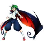  :d antennae baba_(baba_seimaijo) cape clenched_hand full_body green_eyes green_hair highres juliet_sleeves kneehighs long_sleeves mary_janes open_mouth puffy_sleeves shirt shoes short_hair shorts smile solo tachi-e touhou transparent_background white_legwear wriggle_nightbug 