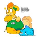 1:1 anthro apron big_butt black_nose blue_body blue_fur blueberri_(blueberri) blush bodily_fluids bow_ribbon butt canid canine canis carrot_(blueberri) clothing colored digital_drawing_(artwork) digital_media_(artwork) domestic_dog ear_bow embarrassed english_text eyes_closed facepalm felid feline female frown fur green_clothing green_panties green_underwear group humor lagomorph leporid low_res male mammal narration navipal one_eye_closed panties price_sticker pumpkin_(blueberri) rabbit shaded simple_background smug smug_expression smug_face smug_grin surprised sweat sweatdrop tail text trio underwear white_background wink yellow_body yellow_fur