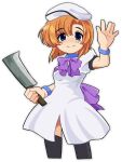  1girl back_bow beret black_thighhighs blue_eyes bow bracelet cleaver closed_mouth commentary cropped_legs dress hat highres higurashi_no_naku_koro_ni holding holding_cleaver jewelry looking_at_viewer m_eeechi orange_hair purple_bow ryukishi07_(style) ryuuguu_rena short_hair simple_background smile solo thighhighs waving white_background white_dress white_hat 