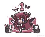  1girl :d bloom_(irys) blue_eyes blush_stickers bright_pupils chibi chibi_only commentary decrilus english_commentary fangs full_body gloom_(irys) heterochromia holding holding_microphone hololive hololive_english irys_(hololive) long_hair looking_at_viewer microphone open_mouth purple_eyes red_hair red_skirt simple_background skin_fangs skirt smile solo speaker standing standing_on_one_leg thick_eyebrows twitter_username virtual_youtuber white_background white_pupils 