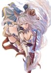  animal_ears backless_outfit bare_back blue_eyes breasts cleavage erune granblue_fantasy heles highres large_breasts pip_(red_juice1869) polearm silver_hair solo spear weapon 