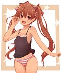  brown_eyes brown_hair camisole fang flat_chest hair_ribbon highres kantai_collection libeccio_(kantai_collection) long_hair open_mouth panties qunqing ribbon smile solo striped striped_panties twintails underwear 