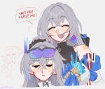  3girls artist_name asumi_kana blush_stickers breasts bronya_rand bronya_zaychik bronya_zaychik_(silverwing:_n-ex) color_connection commentary dress earrings english_commentary english_text goggles goggles_on_head grey_background grey_hair hair_color_connection highres honkai:_star_rail honkai_(series) honkai_impact_3rd jewelry large_breasts long_hair multiple_girls silver_wolf_(honkai:_star_rail) silver_wolf_(lv.999)_(honkai:_star_rail) simple_background speech_bubble unfamousradish very_long_hair voice_actor_connection white_dress 