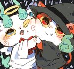  angel_wings cat cheek-to-cheek fang fire halloween halo hat jibanyan komasan looking_at_viewer matsurinra no_humans notched_ear one_eye_closed open_mouth smile tail-tip_fire trick_or_treat wings witch_hat youkai youkai_watch 