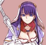  bangs blue_eyes breasts cleavage fate/grand_order fate_(series) large_breasts light_smile long_hair looking_at_viewer purple_hair saint_martha simple_background sketch solo takahashi_keitarou 