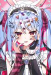  1girl angel_wings animal_ear_piercing animal_ears arm_warmers black_nails blue_hair blush collar commentary_request frilled_hairband frills hair_ornament hair_ribbon hairband hairpin hana_s hands_on_own_face highres hololive looking_at_viewer multicolored_hair nail_polish official_alternate_costume open_mouth purple_arm_warmers rabbit-shaped_pupils rabbit_ears rabbit_girl rabbit_hair_ornament red_eyes ribbon shirt short_eyebrows symbol-shaped_pupils twintails usada_pekora usada_pekora_(punk_angel) white_hair white_shirt wings 